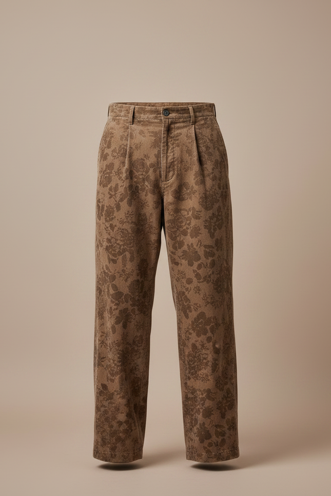 Pantalon Japonais Marron Fleuri Velours Côtelé Ample - Cordé - vue 3
