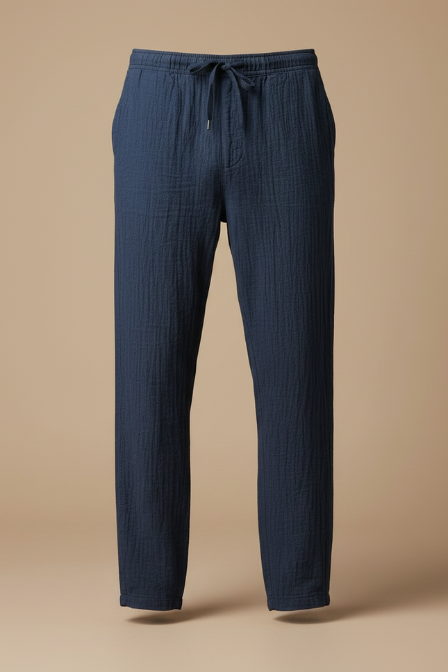 Pantalon Japonais Bleu Marine Lin Ample Confortable Cordon - vue 3