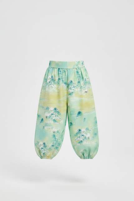 Pantalon Japonais Vert Ample Motif Paysage Enfant - Viscose - vue 3