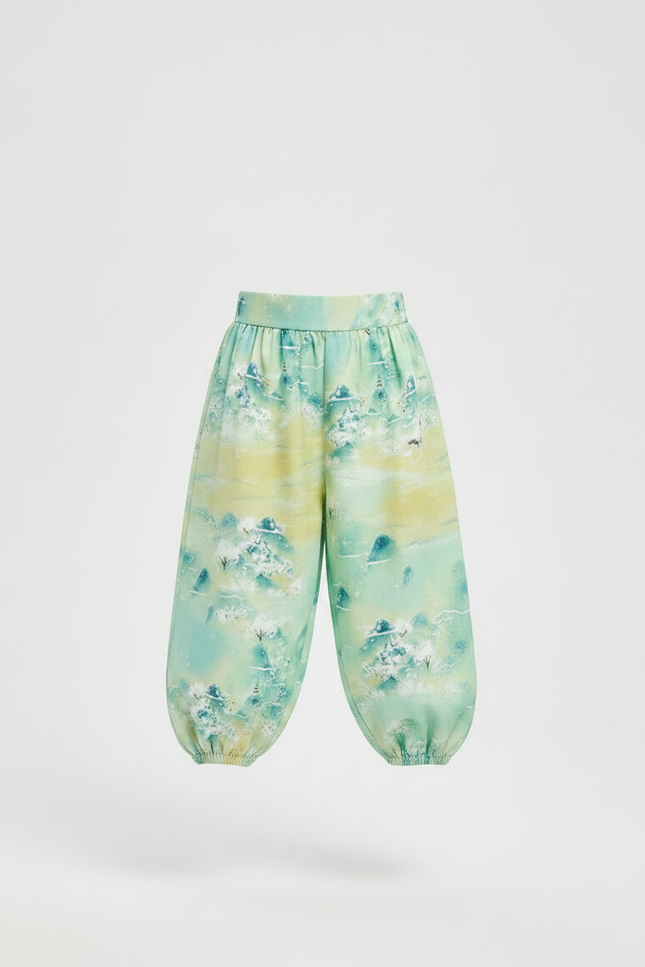 Pantalon Japonais Vert Ample Motif Paysage Enfant - Viscose - vue 3