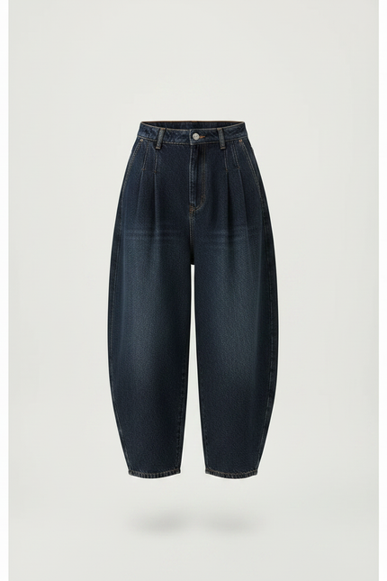 Pantalon Japonais Denim Bleu Ample Taille Haute Plissé - Marine Jean - vue 3
