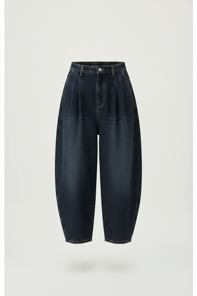 Pantalon Japonais Denim Bleu Ample Taille Haute Plissé - Marine Jean - vue 3