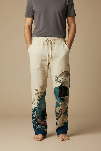 Pantalon Japonais Lin Ample Imprimé Loutre Décontracté Homme - vue 3