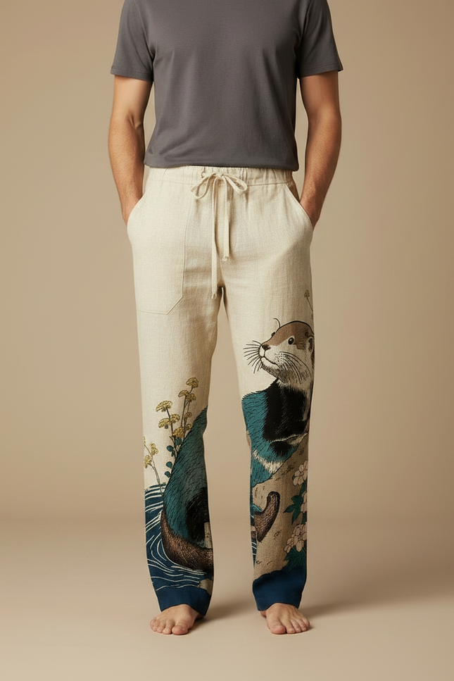 Pantalon Japonais Lin Ample Imprimé Loutre Décontracté Homme - vue 3