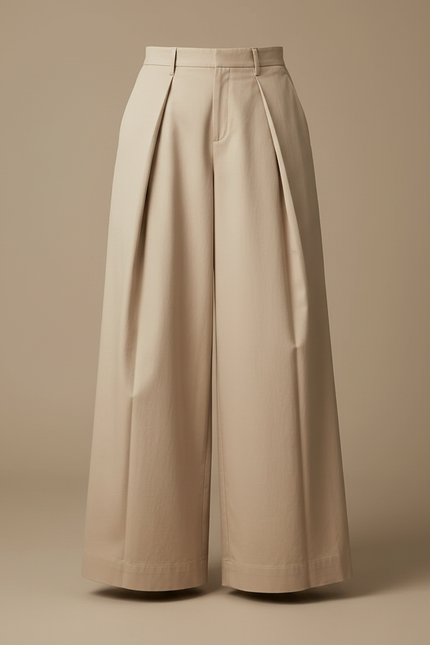 Pantalon Japonais Beige Plissé Ample Taille Haute Élégant - Gabardine - vue 3