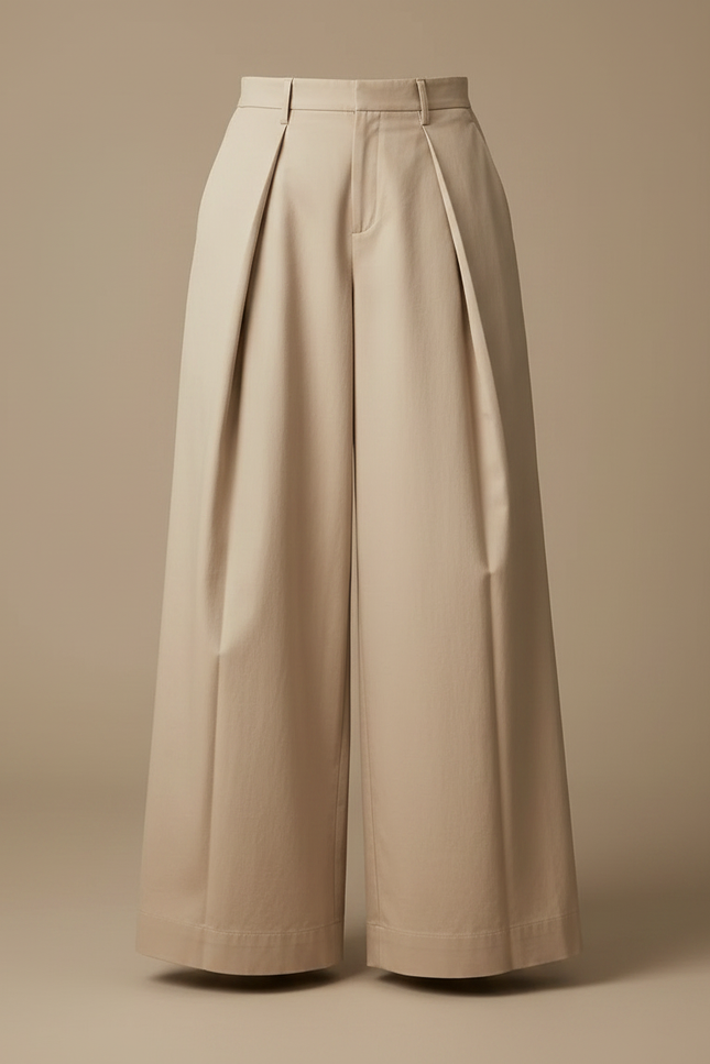 Pantalon Japonais Beige Plissé Ample Taille Haute Élégant - Gabardine - vue 3