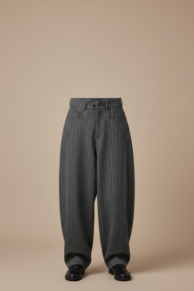 Pantalon Japonais Large Laine Rayé Gris Homme Décontracté - vue 3