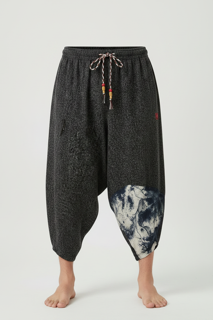 Pantalon Japonais Gris Ample Lin Imprimé Décontracté - vue 3