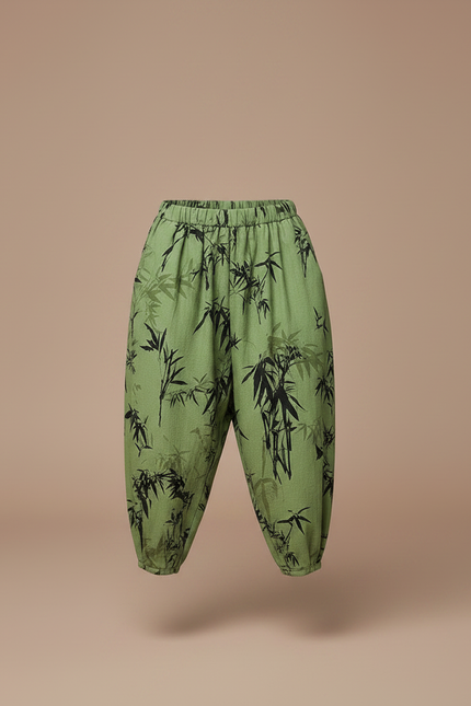 Pantalon Japonais Vert Ample Motif Bambou Enfant - Lin - vue 3