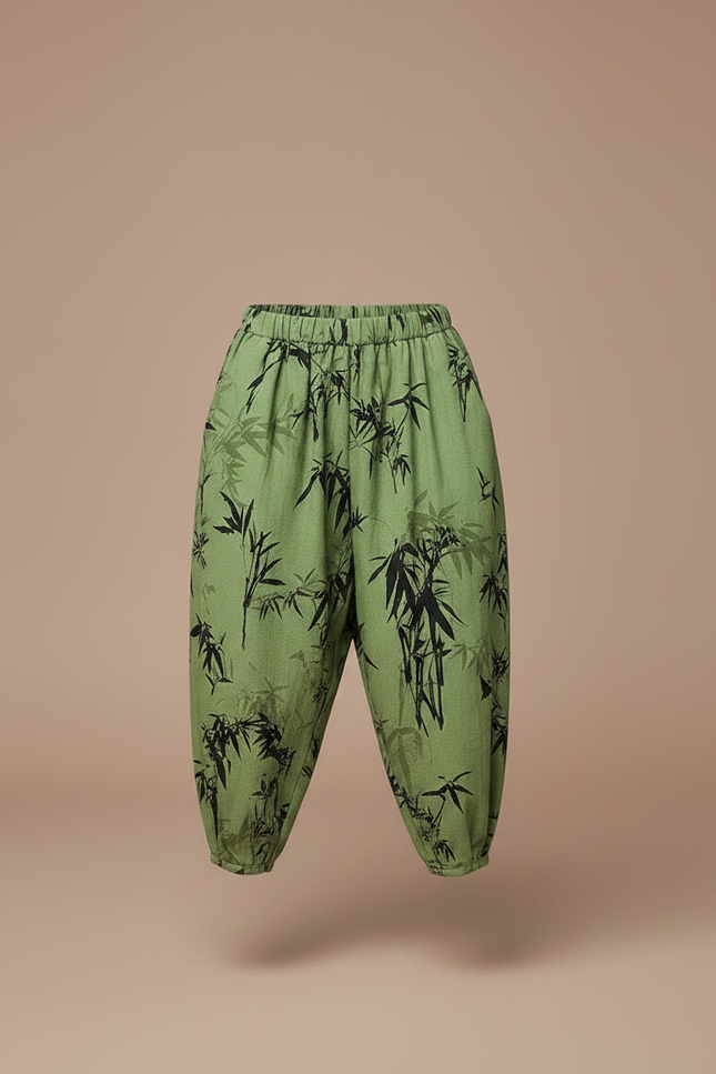 Pantalon Japonais Vert Ample Motif Bambou Enfant - Lin - vue 3