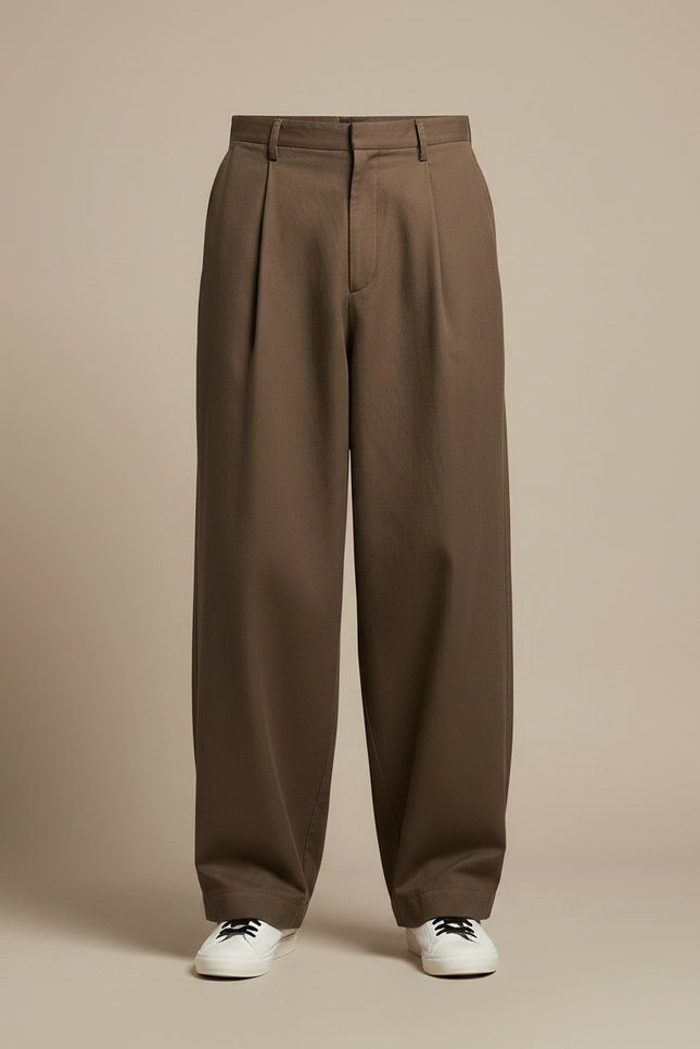Pantalon Japonais Marron Ample Plissé Décontracté Homme - Gabardine - vue 3