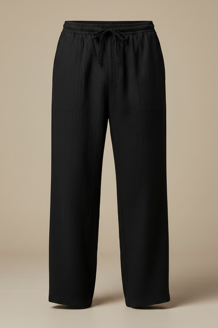 Pantalon Japonais Noir Lin Ample Cordon Décontracté - vue 3