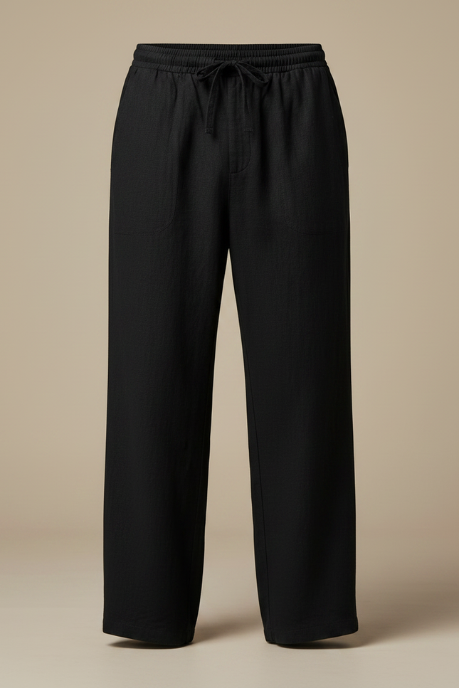 Pantalon Japonais Noir Lin Ample Cordon Décontracté - vue 3