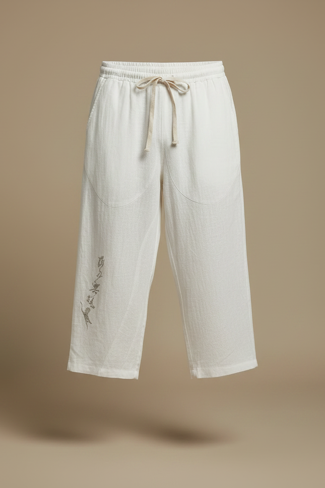 Pantalon Japonais Blanc Cassé Lin Ample Imprimé Cordon - Beige - vue 3