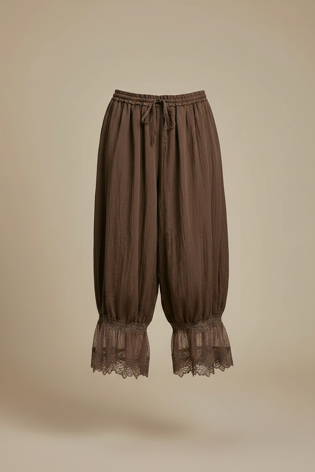 Pantalon Japonais Marron Ample Élastique Dentelle Femme - Lin - vue 3