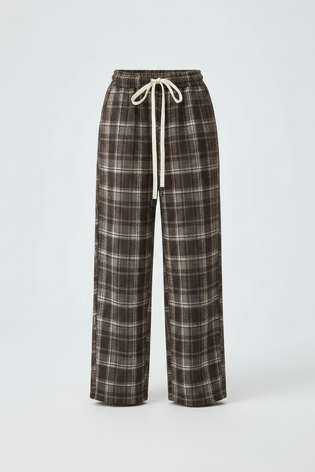 Pantalon Japonais Carreaux Marron Ample Cordon Décontracté - Tweed - vue 3
