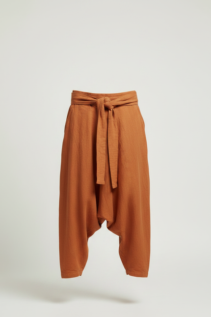 Pantalon Japonais Lin Coton Ample Sarouel Marron Homme - vue 3