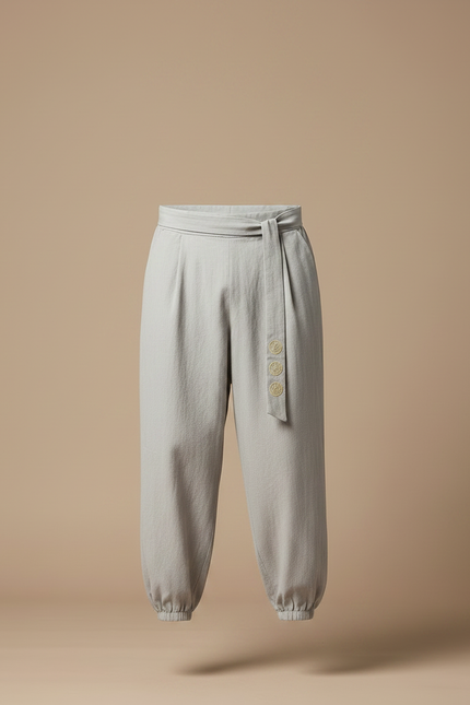 Pantalon Japonais Gris Coton Ample Brodé Ceinturé - Lin - vue 3