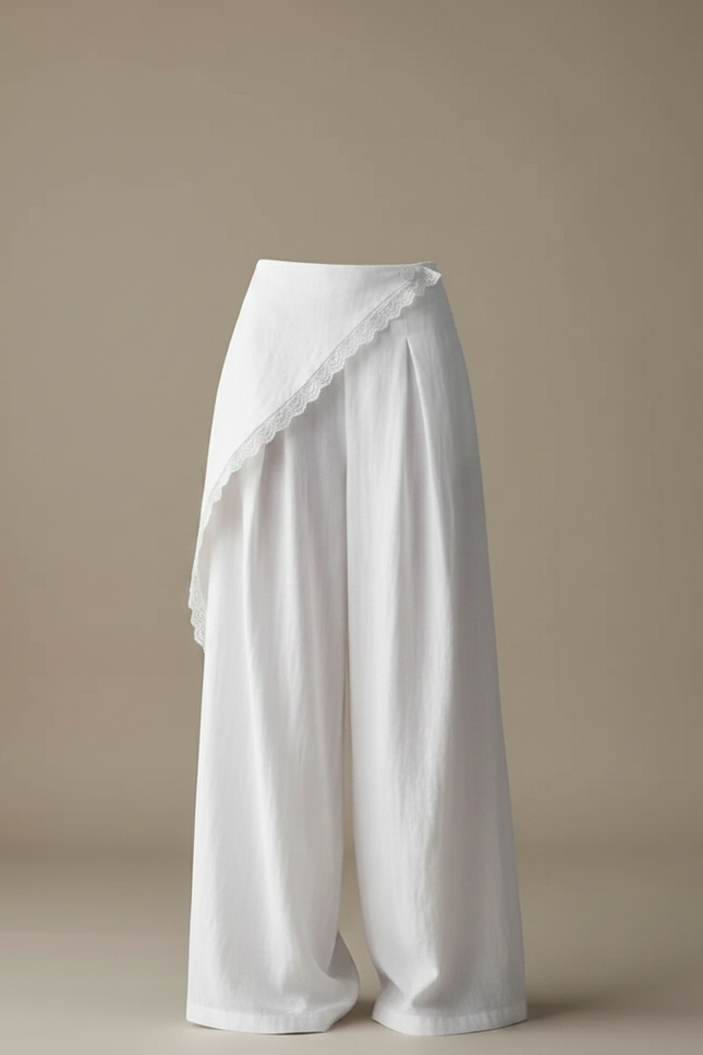 Pantalon Japonais Blanc Fluide Jupe-culotte Dentelle Asymétrique - Lin - vue 3