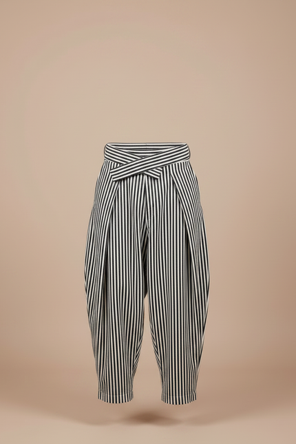 Pantalon Japonais Rayé Noir Blanc Plissé Ceinturé Ample Homme - Multicolore Coton - vue 3