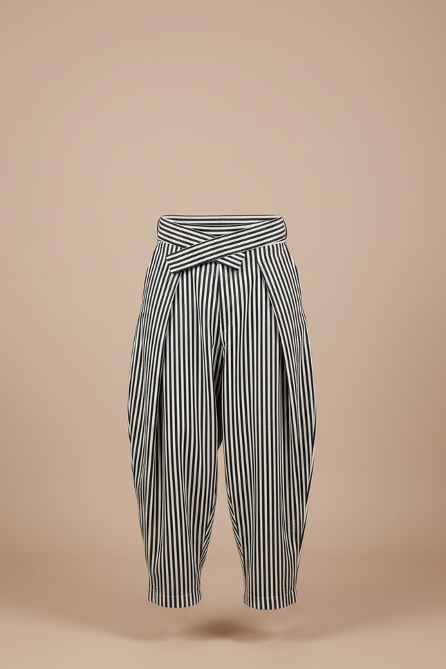 Pantalon Japonais Rayé Noir Blanc Plissé Ceinturé Ample Homme - Multicolore Coton - vue 3