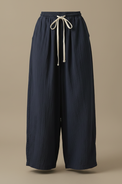 Pantalon Japonais Large Fluide Cordon Marine Femme - Lin - vue 3