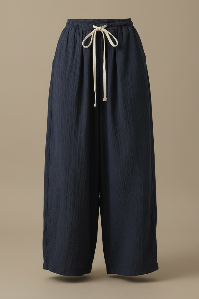 Pantalon Japonais Large Fluide Cordon Marine Femme - Lin - vue 3