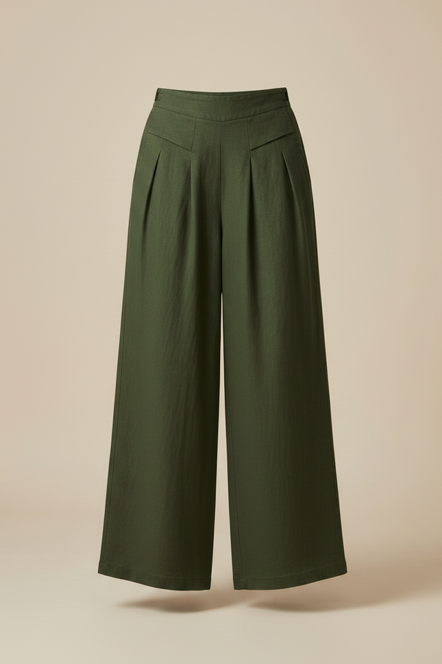 Pantalon Japonais Vert Kaki Ample Plissé Fluide Femme - Lin - vue 3