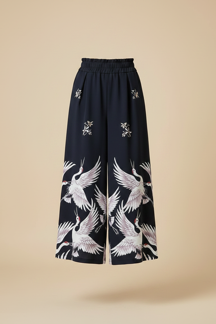 Pantalon Japonais Large Fluide Grues Imprimées Élégant - Marine Polyester - vue 3