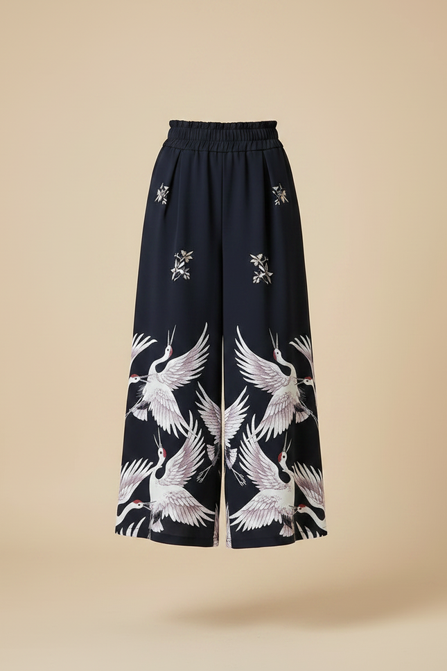 Pantalon Japonais Large Fluide Grues Imprimées Élégant - Marine Polyester - vue 3