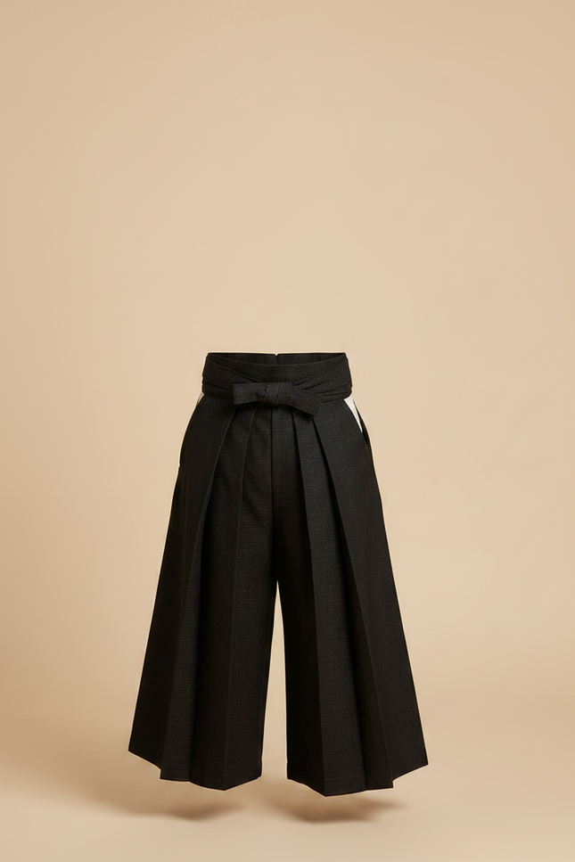 Pantalon Japonais Noir Plissé Ample Ceinturé Élégant - Laine - vue 3