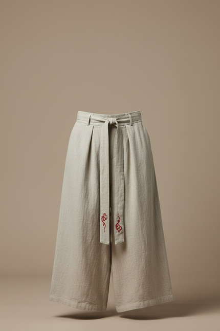 Pantalon Japonais Lin Ample Beige Brodé Ethnique - vue 3