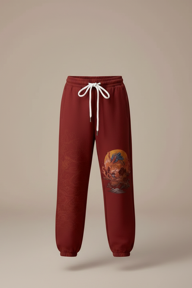 Pantalon Japonais Rouge Dragon Molleton Enfant Décontracté - Bordeaux - vue 3