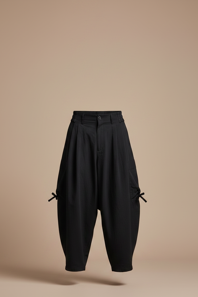 Pantalon Japonais Ample Noir Plissé Décontracté - Polyester - vue 3