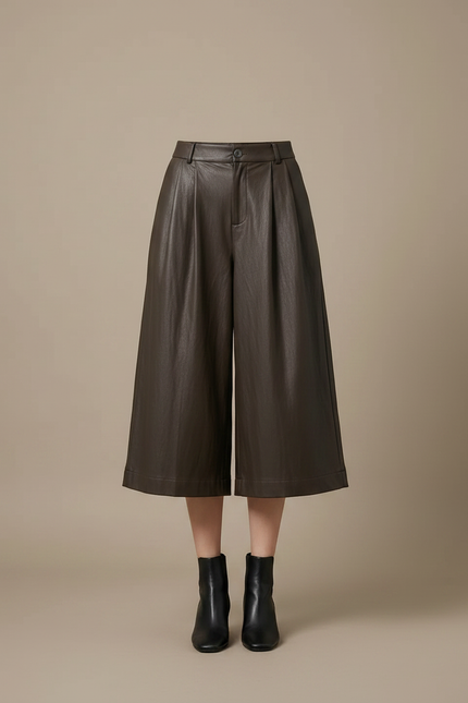 Pantalon Japonais Marron Cuir Ample Élégant Femme - vue 3