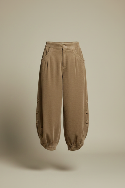 Pantalon Japonais Velours Côtelé Marron Ample Boutons Harem - Cordé - vue 3