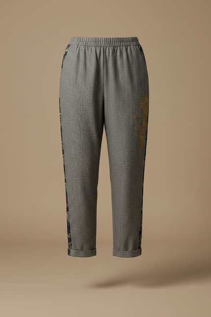 Pantalon Japonais Gris Ample Brodé Floral Décontracté - Tweed - vue 3