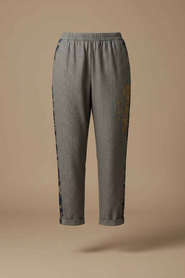 Pantalon Japonais Gris Ample Brodé Floral Décontracté - Tweed - vue 3