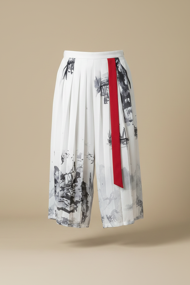Pantalon Japonais Blanc Plissé Imprimé Encre Rouge - Polyester - vue 3