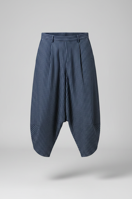 Pantalon Japonais Rayé Bleu Ample Coton Lin - Marine - vue 3