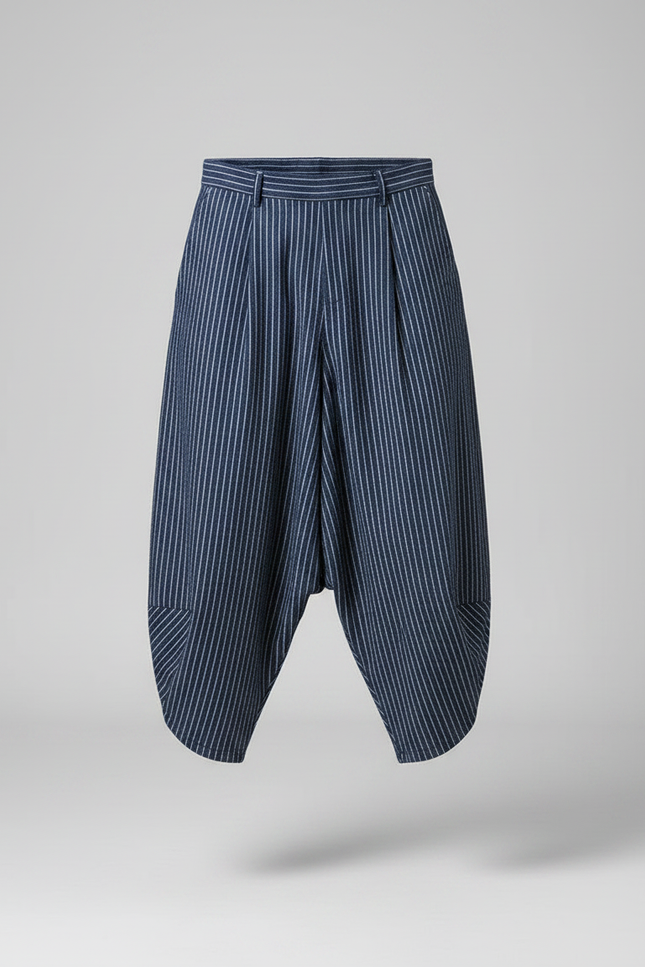 Pantalon Japonais Rayé Bleu Ample Coton Lin - Marine - vue 3