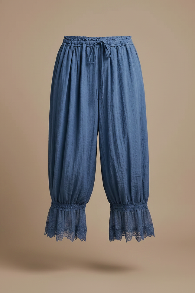 Pantalon Japonais Bleu Fluide Ample Dentelle Cordon - Lin - vue 3
