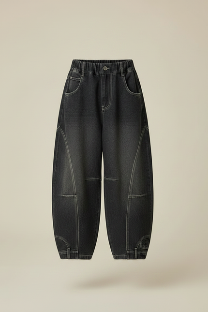 Pantalon Japonais Denim Gris Ample Élastique Fille - Jean - vue 3