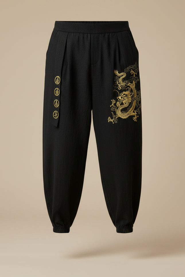 Pantalon Japonais Noir Dragon Brodé Harem Ample - Lin - vue 3