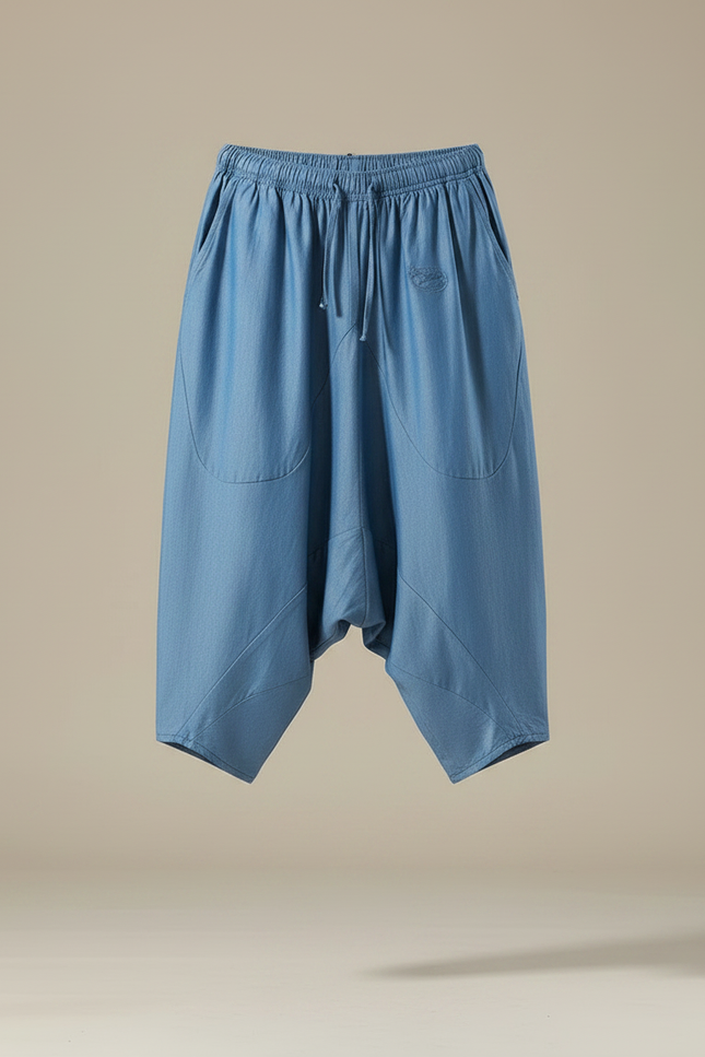 Pantalon Japonais Bleu Sarouel Ample Lin Décontracté - vue 3
