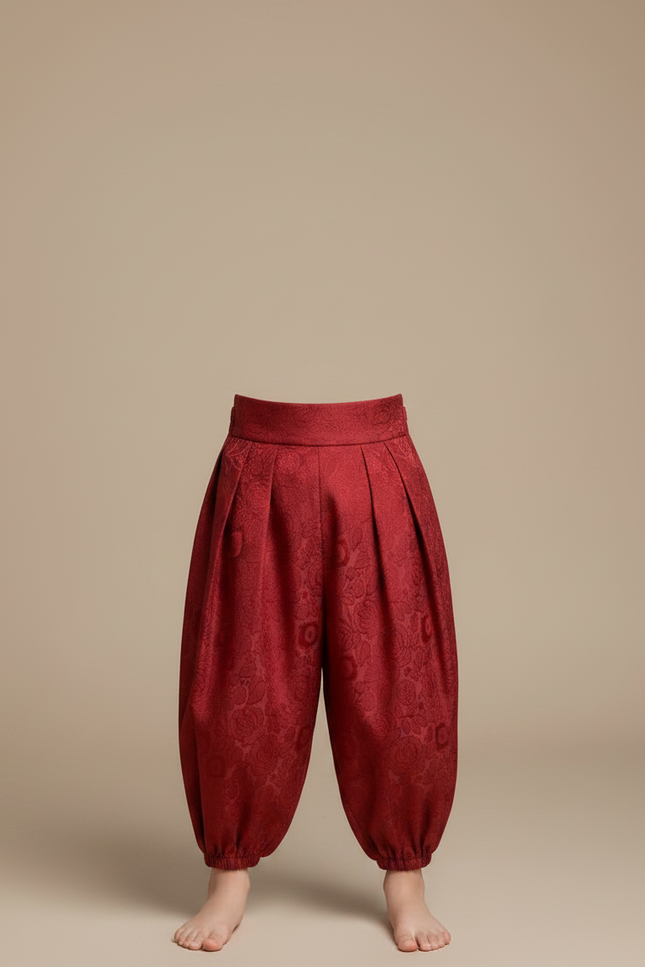 Pantalon Japonais Rouge Brodé Ample Bouffant Enfant - Soie - vue 3