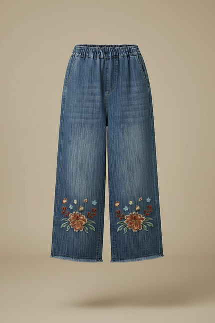 Pantalon Japonais Denim Ample Fleuri Brodé Femme - Bleu Jean - vue 3