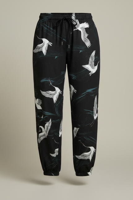 Pantalon Japonais Noir Fluide Grues Resserré Cheville - Imprimé Viscose - vue 3