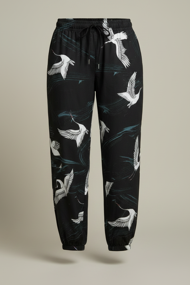 Pantalon Japonais Noir Fluide Grues Resserré Cheville - Imprimé Viscose - vue 3