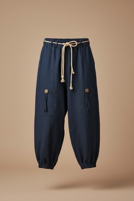 Pantalon Japonais Bleu Marine Ample Coton Lin Décontracté Homme - vue 3